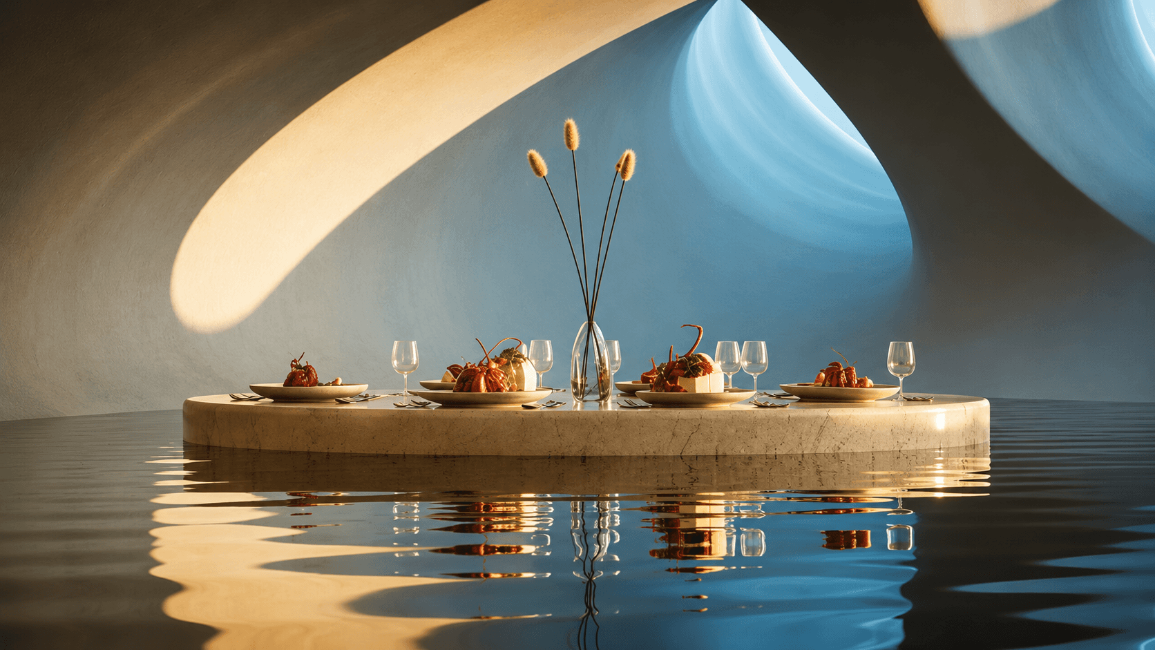 Reflective stone table in low ambient light