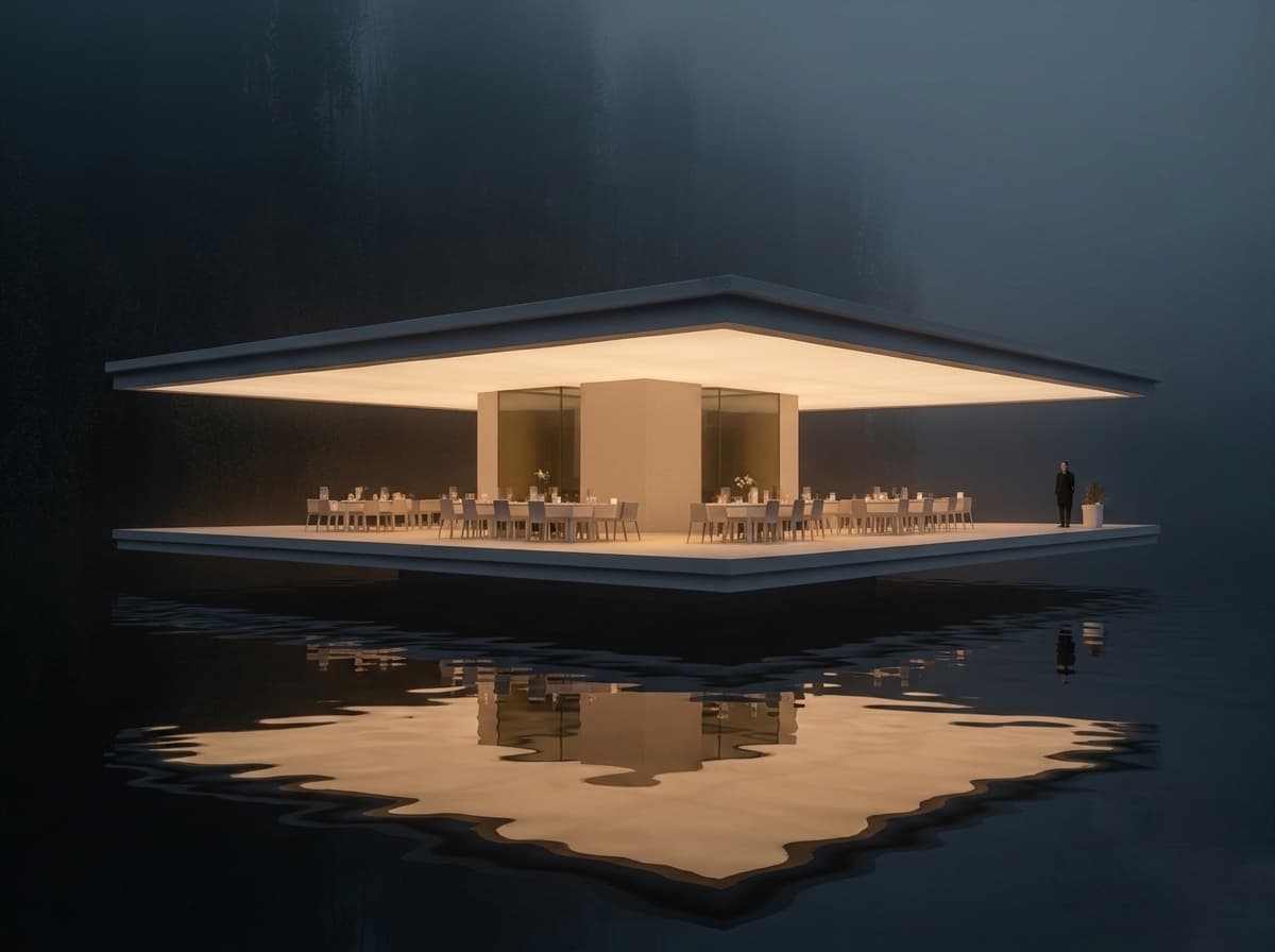 Floating chrome object in dust-lit space